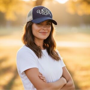 USA Trucker Hat Navy Tan Mesh Snapback Ladies Fit Outdoor Cap Patriotic